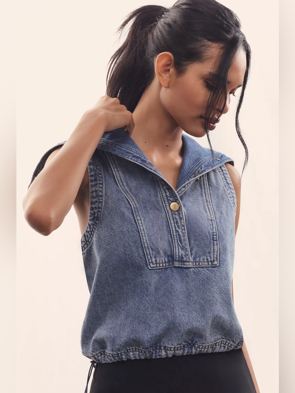 Washed Blue Denim Sleeveless large fold over collar denim Top